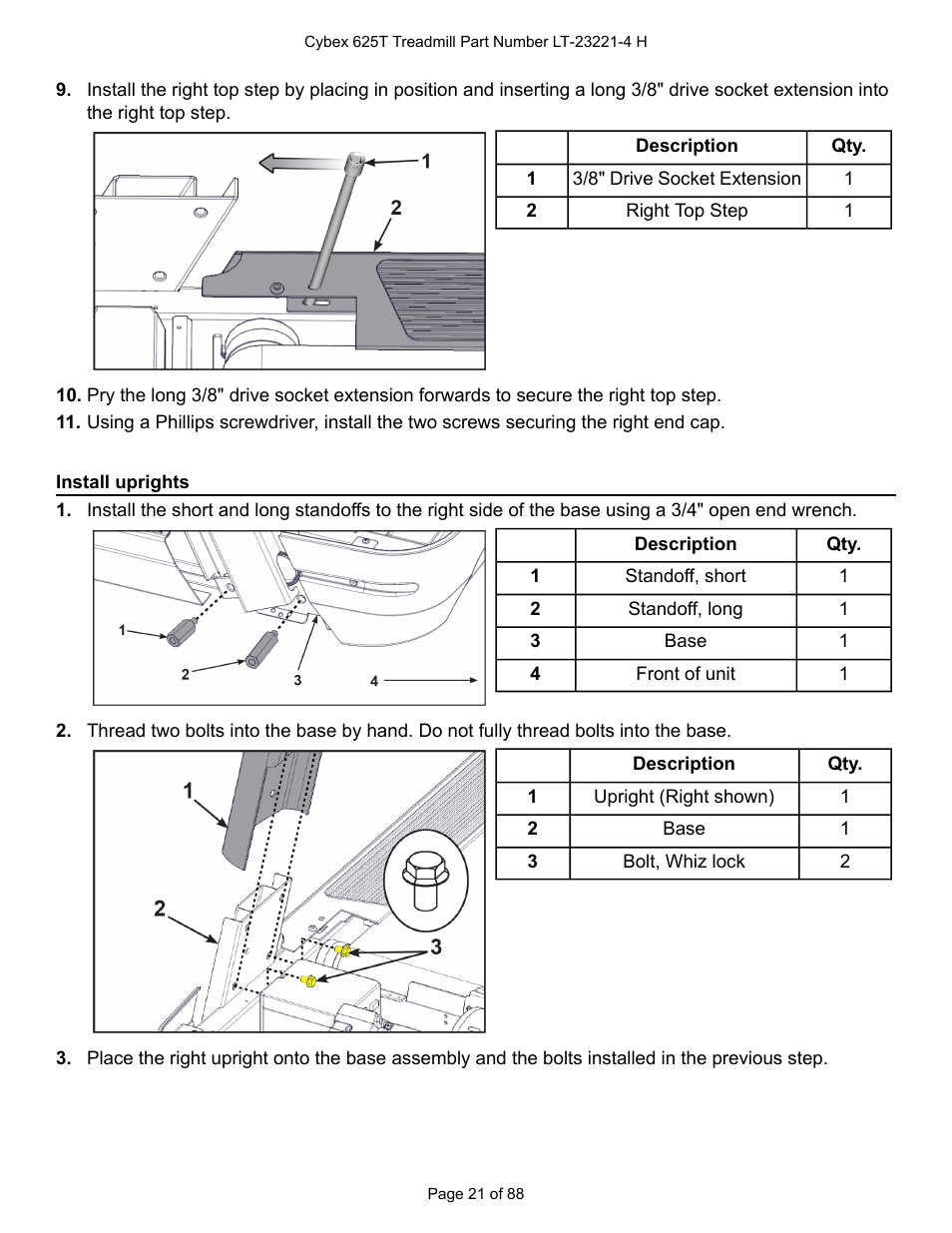 Install uprights | Cybex 625T Treadmill User Manual | Page 21 / 88