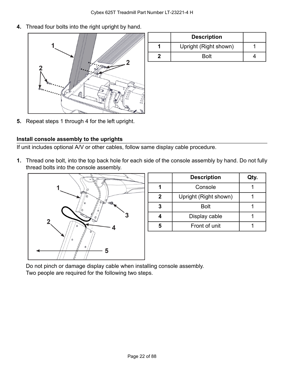 Install console assembly to the uprights | Cybex 625T Treadmill User Manual | Page 22 / 88