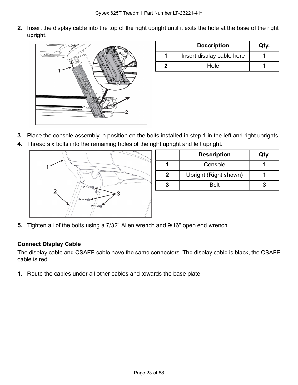 Connect display cable | Cybex 625T Treadmill User Manual | Page 23 / 88