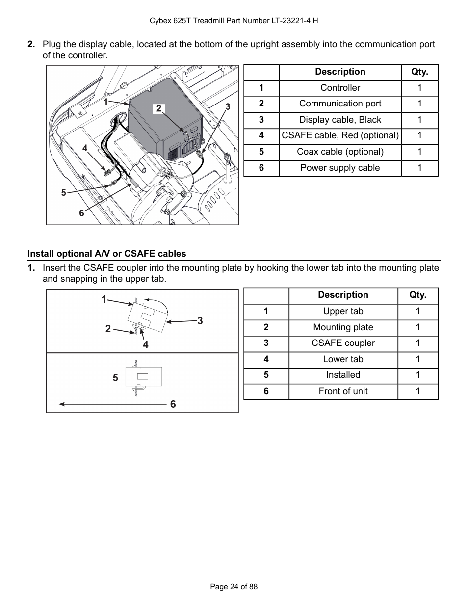 Install optional a/v or csafe cables | Cybex 625T Treadmill User Manual | Page 24 / 88