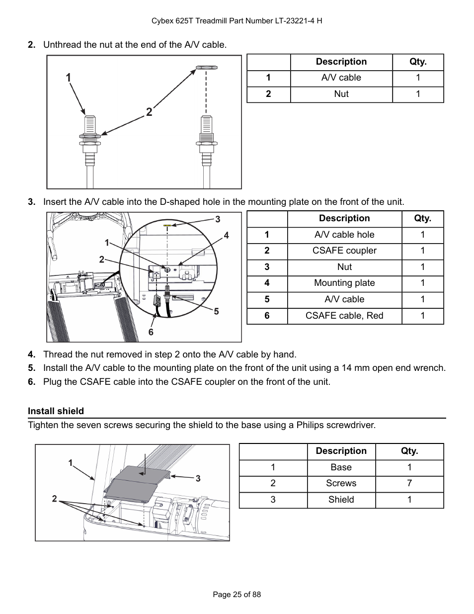 Install shield | Cybex 625T Treadmill User Manual | Page 25 / 88