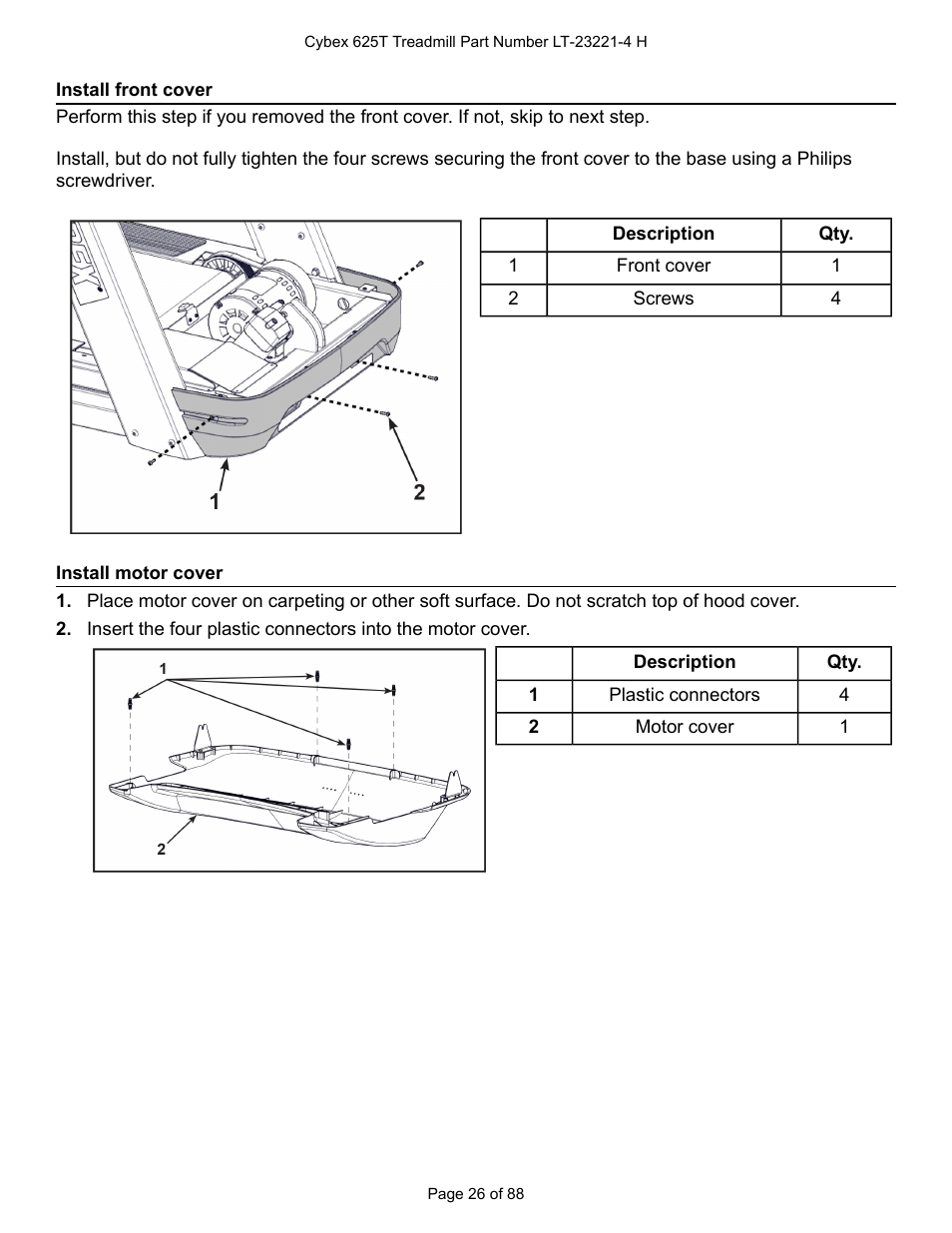 Install front cover, Install motor cover | Cybex 625T Treadmill User Manual | Page 26 / 88