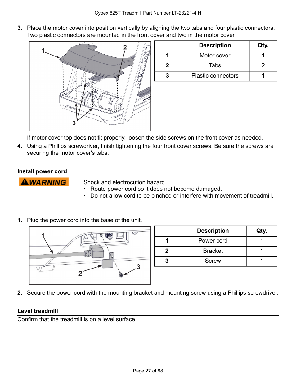 Install power cord, Level treadmill | Cybex 625T Treadmill User Manual | Page 27 / 88