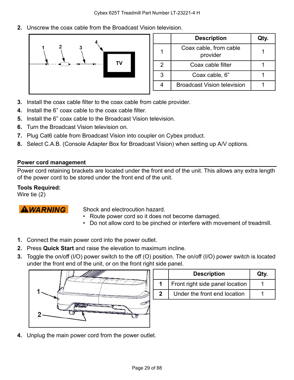 Power cord management | Cybex 625T Treadmill User Manual | Page 29 / 88