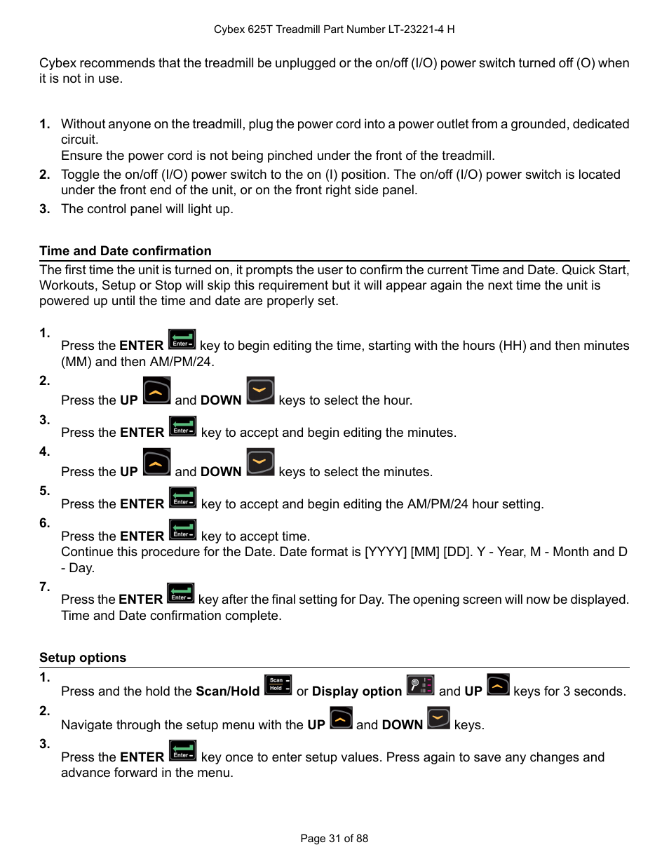 Time and date confirmation, Setup options | Cybex 625T Treadmill User Manual | Page 31 / 88