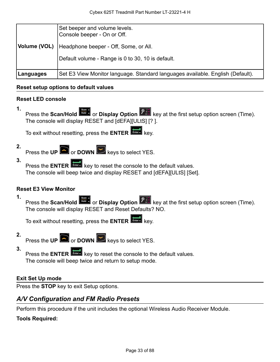 Reset setup options to default values, Reset led console, Reset e3 view monitor | Exit set up mode, A/v configuration and fm radio presets, A/v configuration and fm radio, Presets | Cybex 625T Treadmill User Manual | Page 33 / 88