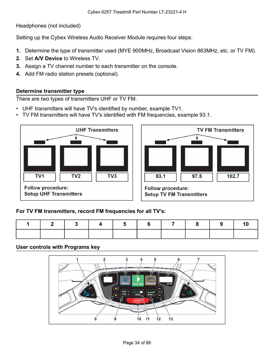 Determine transmitter type, User controls with programs key | Cybex 625T Treadmill User Manual | Page 34 / 88