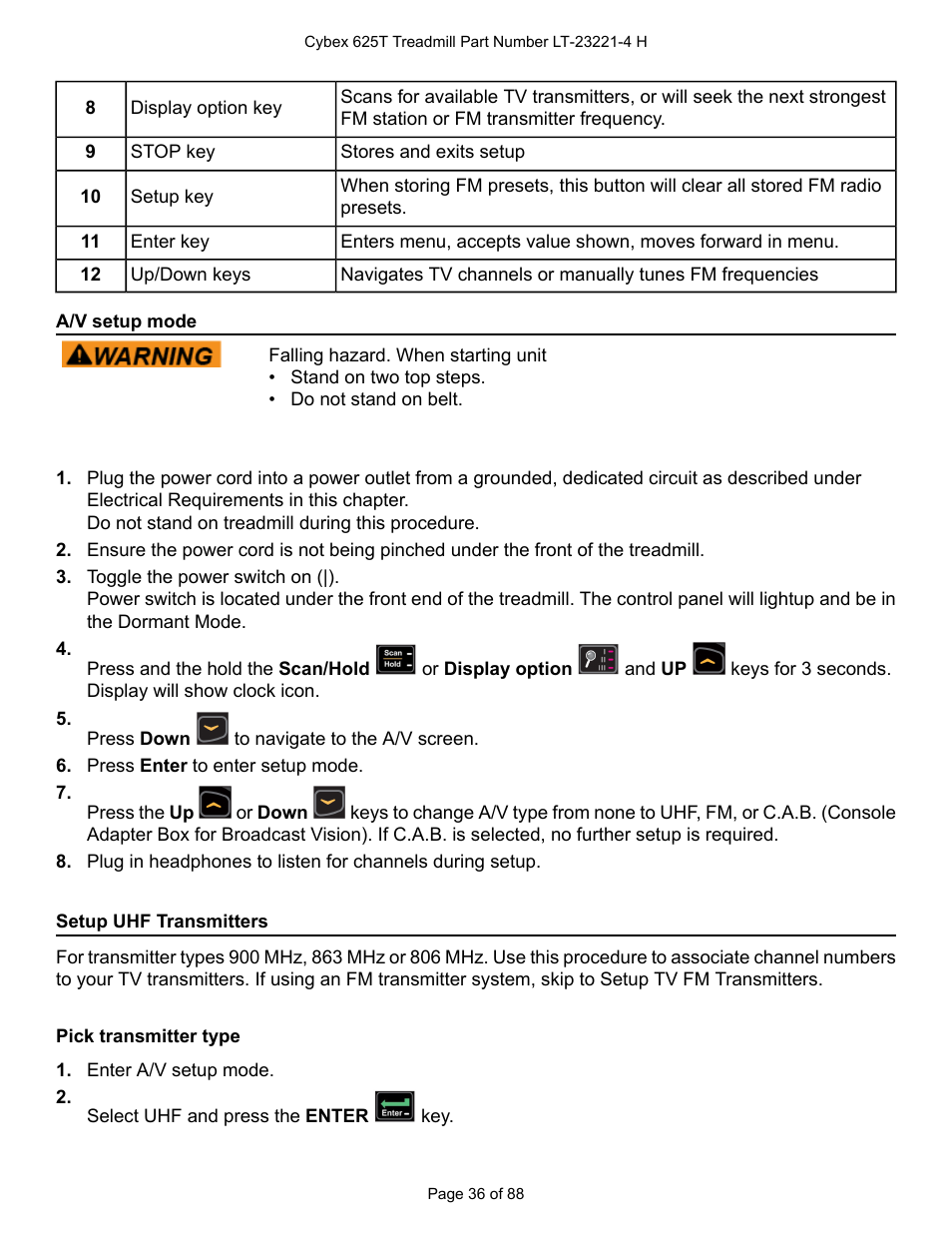 A/v setup mode, Setup uhf transmitters, Pick transmitter type | Cybex 625T Treadmill User Manual | Page 36 / 88