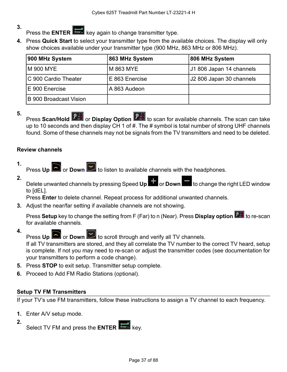 Review channels, Setup tv fm transmitters | Cybex 625T Treadmill User Manual | Page 37 / 88