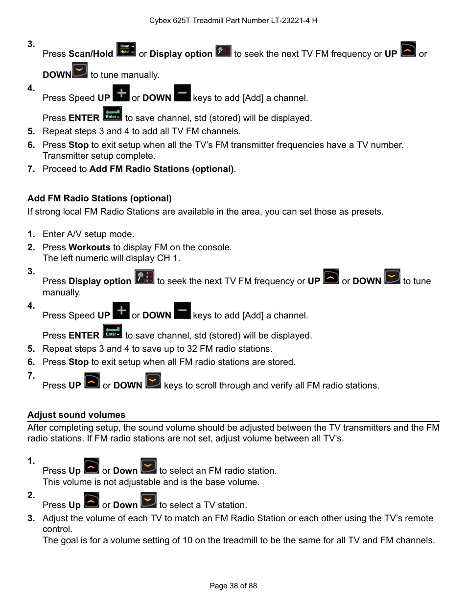 Add fm radio stations (optional), Adjust sound volumes | Cybex 625T Treadmill User Manual | Page 38 / 88