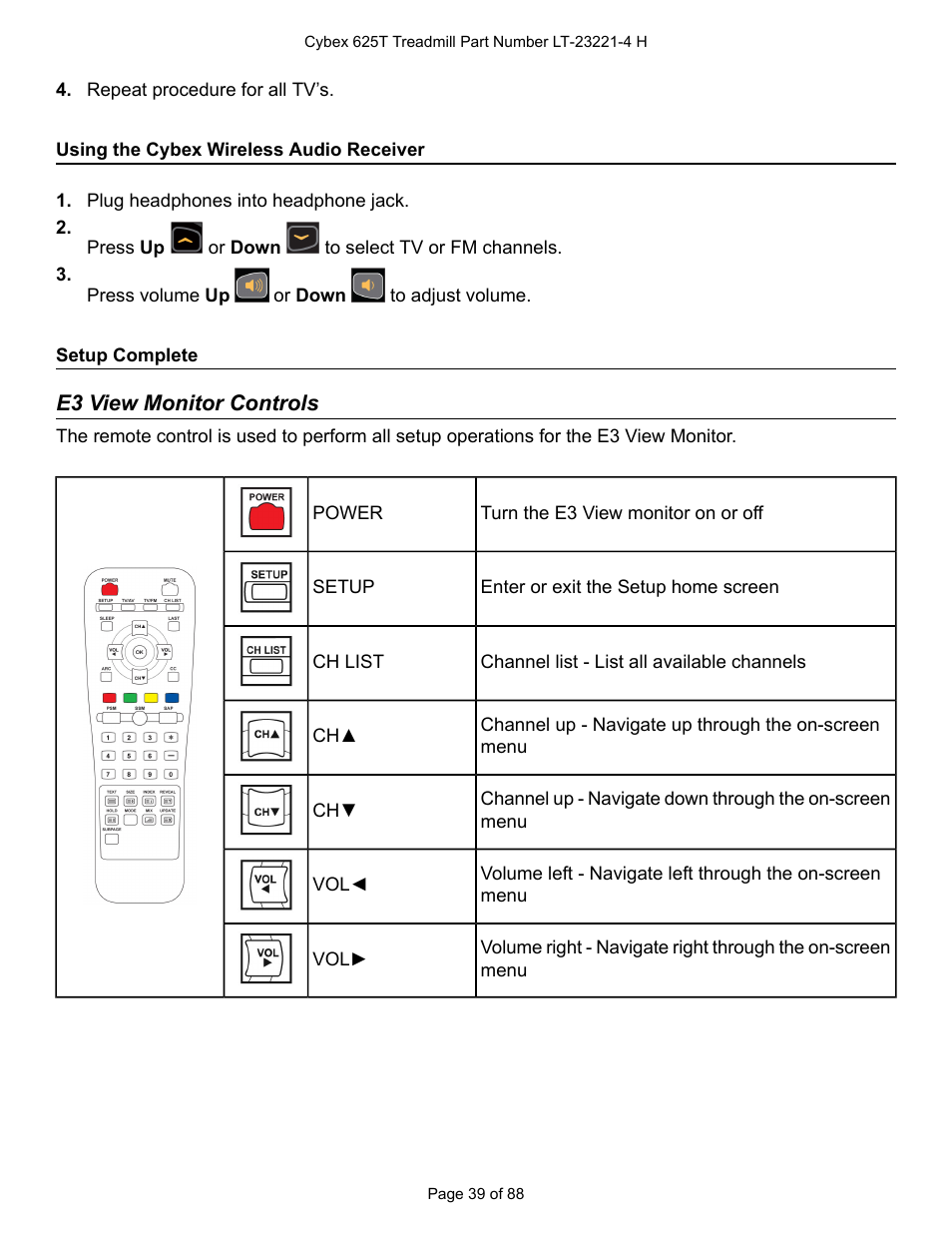 Using the cybex wireless audio receiver, Setup complete, E3 view monitor controls | Cybex 625T Treadmill User Manual | Page 39 / 88