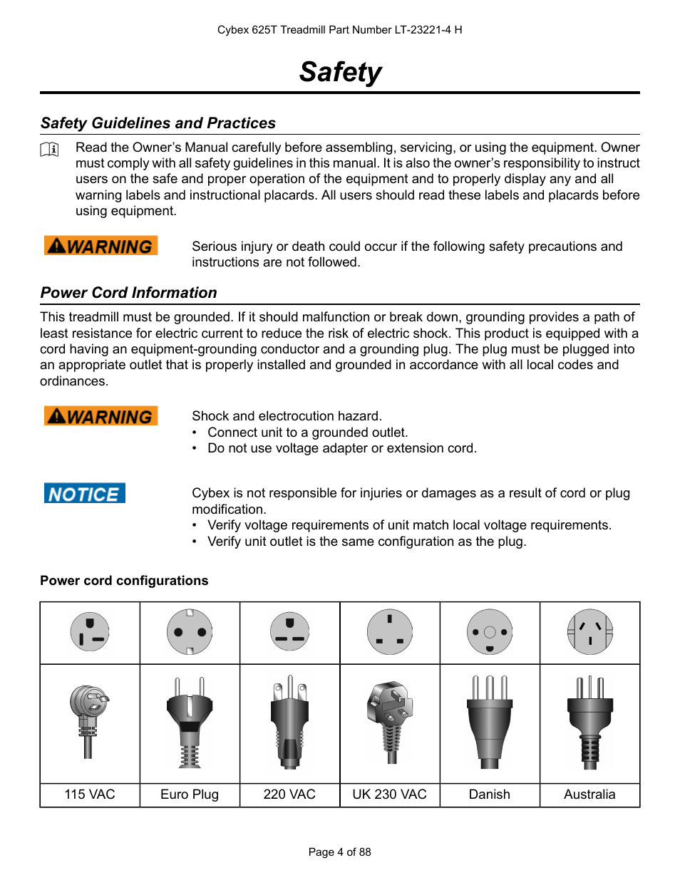 Safety, Safety guidelines and practices, Power cord information | Cybex 625T Treadmill User Manual | Page 4 / 88