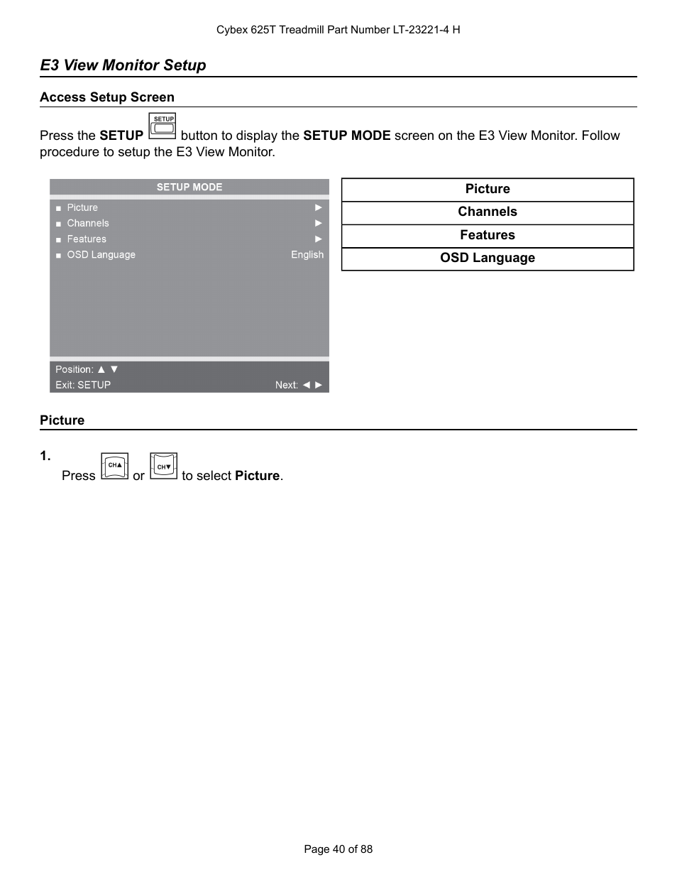 E3 view monitor setup, Access setup screen, Picture | Cybex 625T Treadmill User Manual | Page 40 / 88