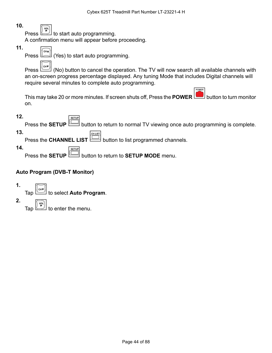 Auto program (dvb-t monitor) | Cybex 625T Treadmill User Manual | Page 44 / 88