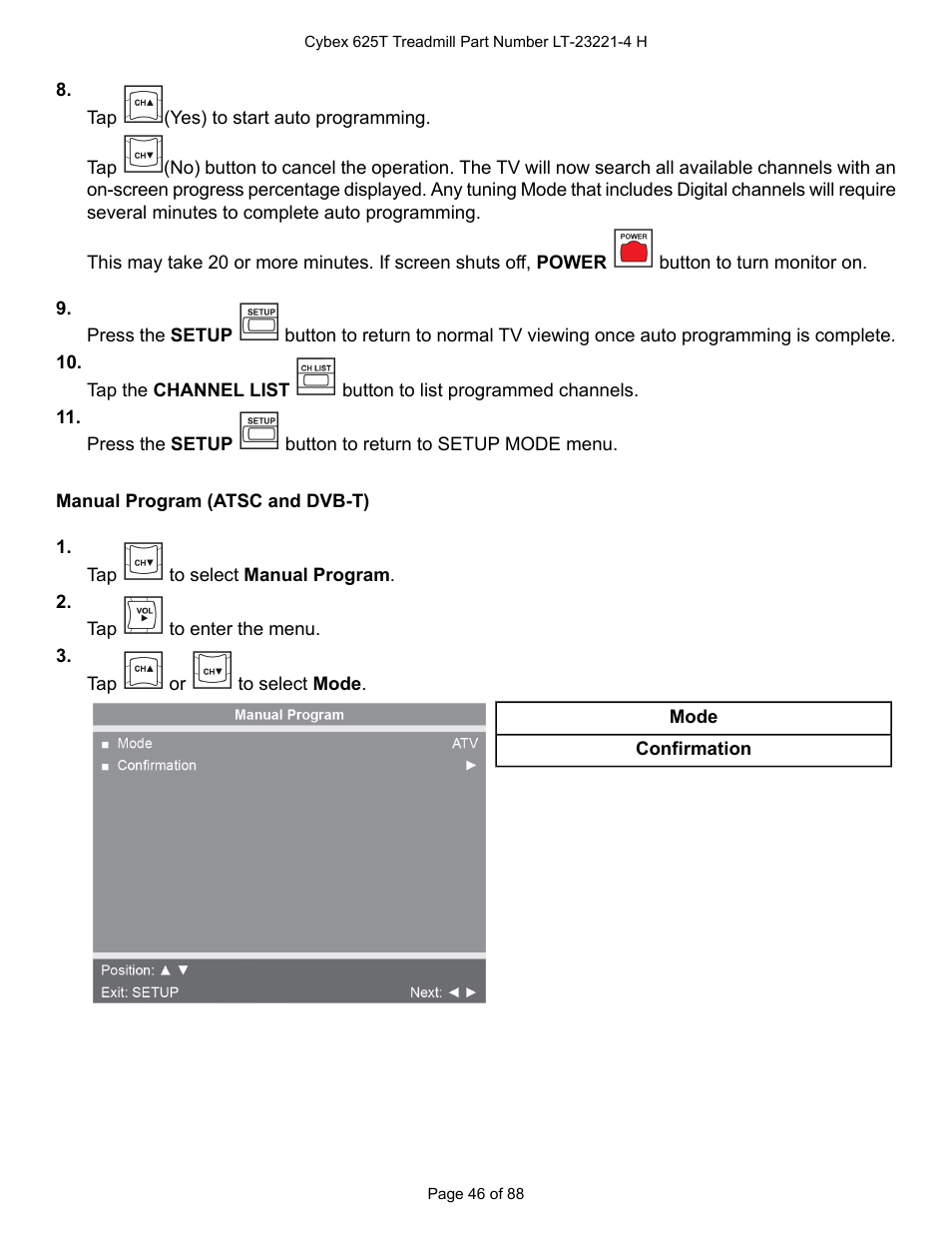 Manual program (atsc and dvb-t) | Cybex 625T Treadmill User Manual | Page 46 / 88