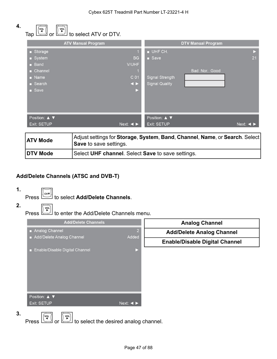 Add/delete channels (atsc and dvb-t) | Cybex 625T Treadmill User Manual | Page 47 / 88