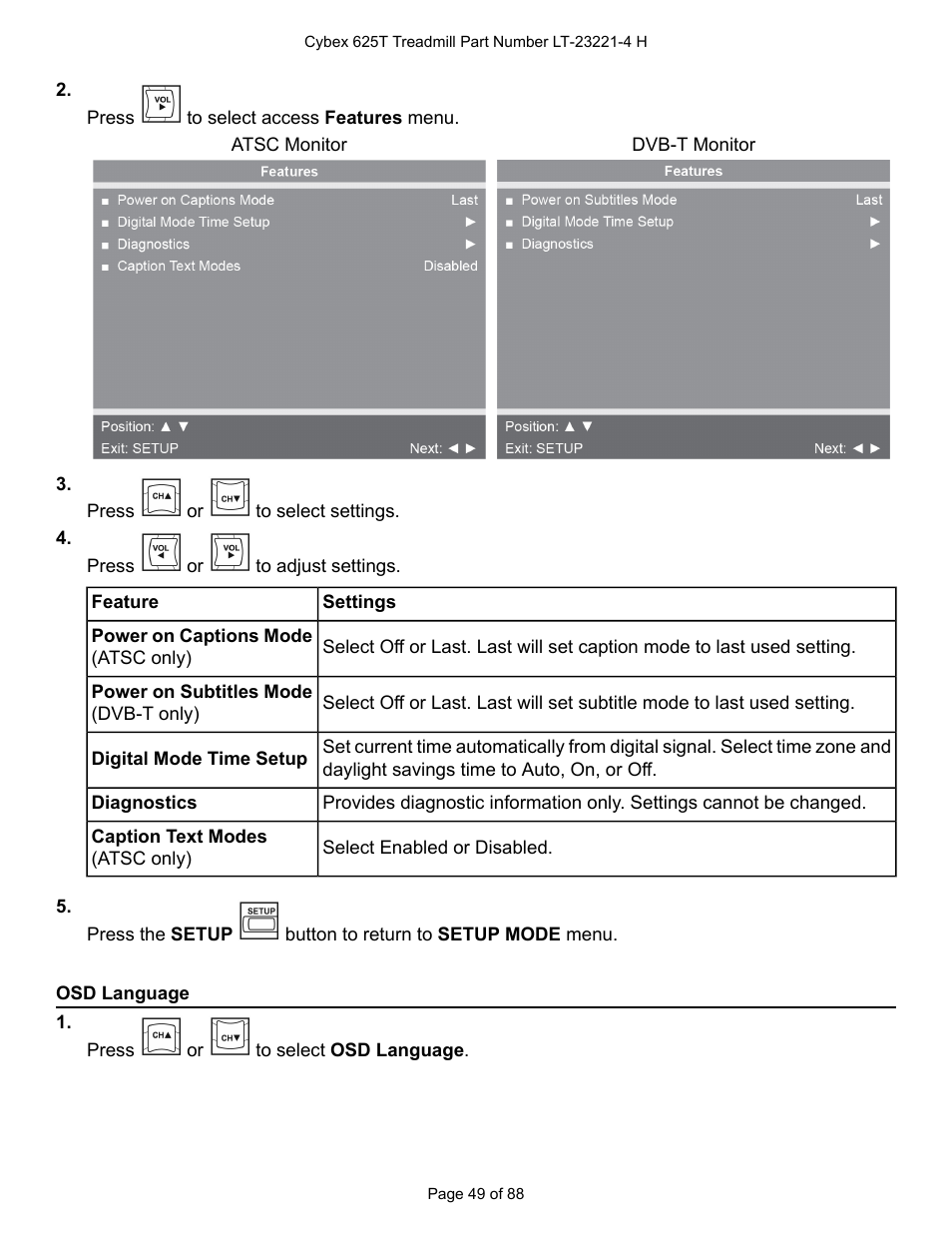 Osd language | Cybex 625T Treadmill User Manual | Page 49 / 88