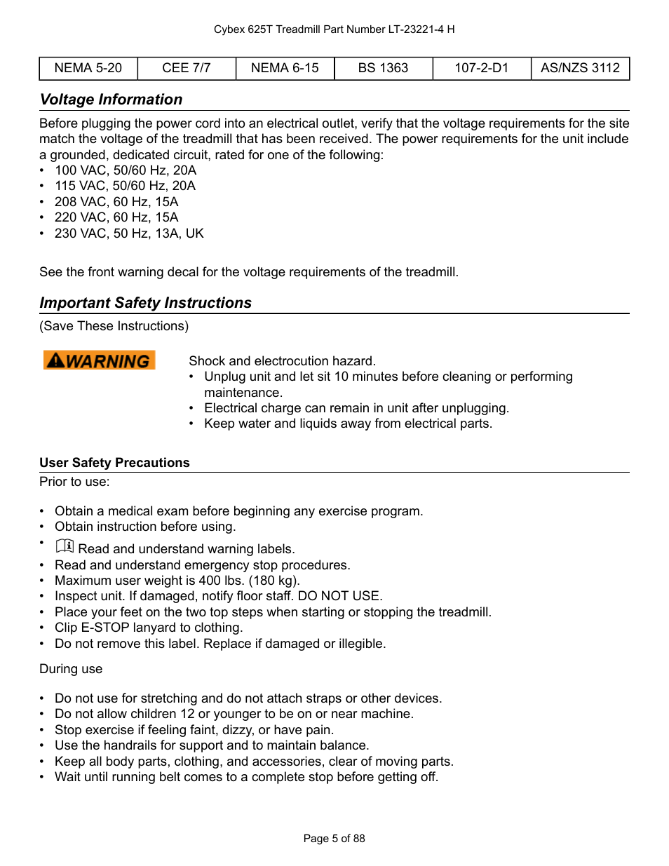 Voltage information, Important safety instructions, User safety precautions | Cybex 625T Treadmill User Manual | Page 5 / 88