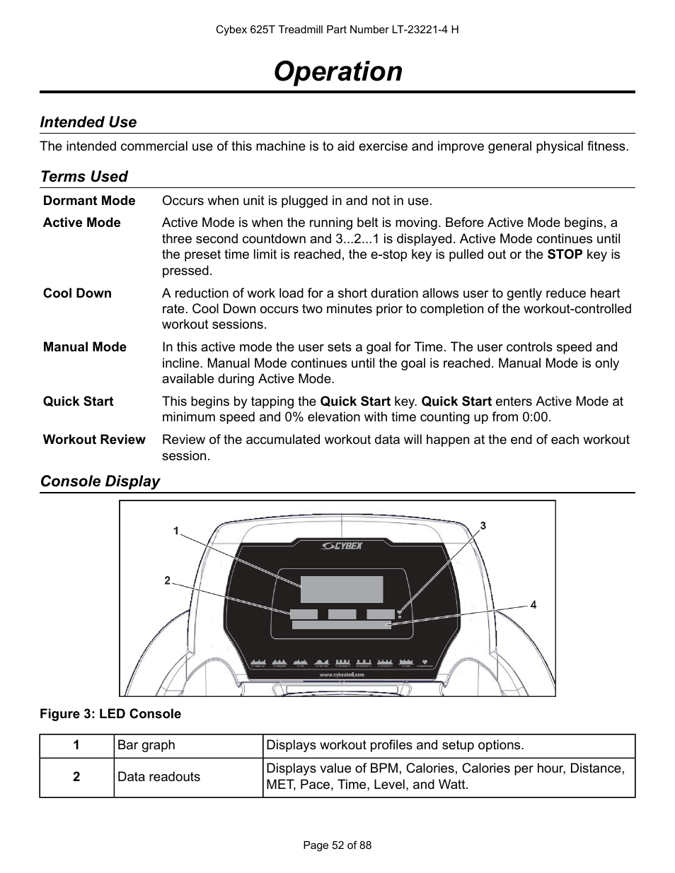 Operation, Intended use, Terms used | Console display | Cybex 625T Treadmill User Manual | Page 52 / 88