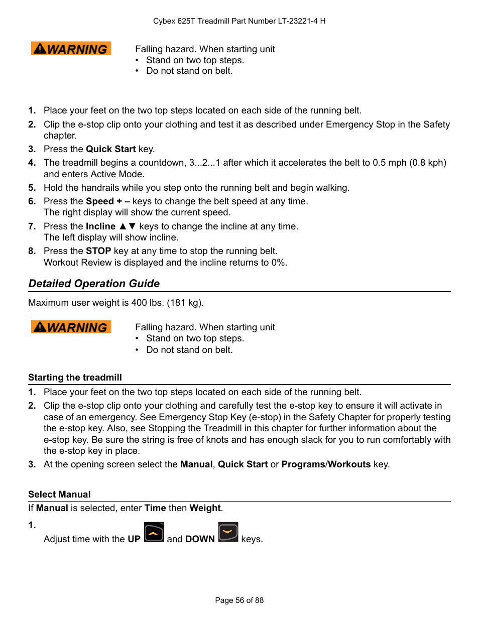 Detailed operation guide, Starting the treadmill, Select manual | Cybex 625T Treadmill User Manual | Page 56 / 88