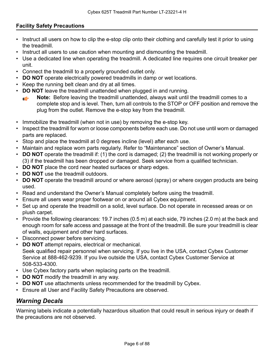 Facility safety precautions, Warning decals | Cybex 625T Treadmill User Manual | Page 6 / 88