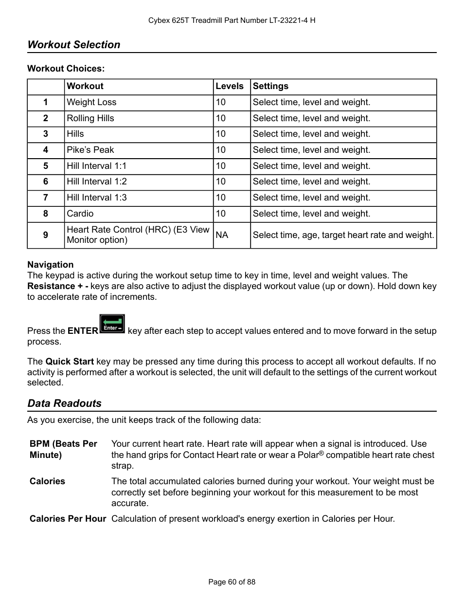 Workout selection, Data readouts | Cybex 625T Treadmill User Manual | Page 60 / 88