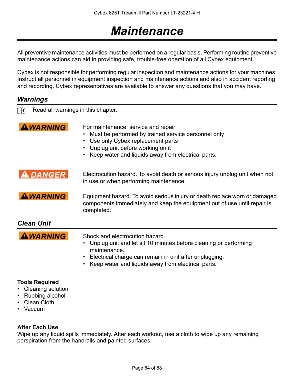 Maintenance, Warnings, Clean unit | Cybex 625T Treadmill User Manual | Page 64 / 88