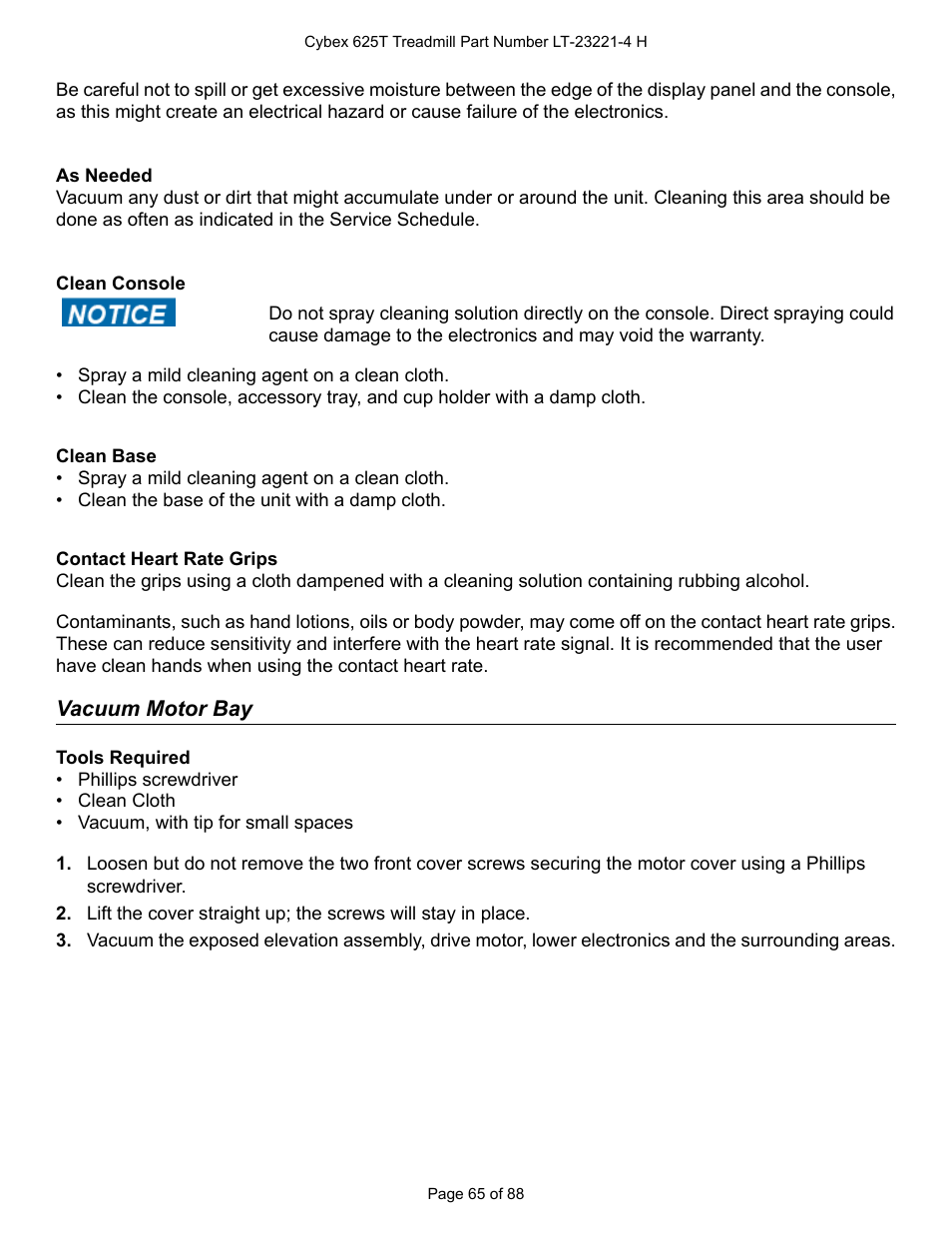 Vacuum motor bay | Cybex 625T Treadmill User Manual | Page 65 / 88