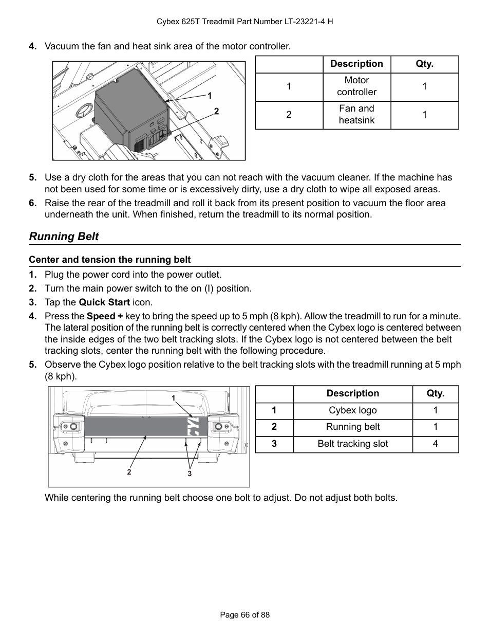 Running belt, Center and tension the running belt | Cybex 625T Treadmill User Manual | Page 66 / 88