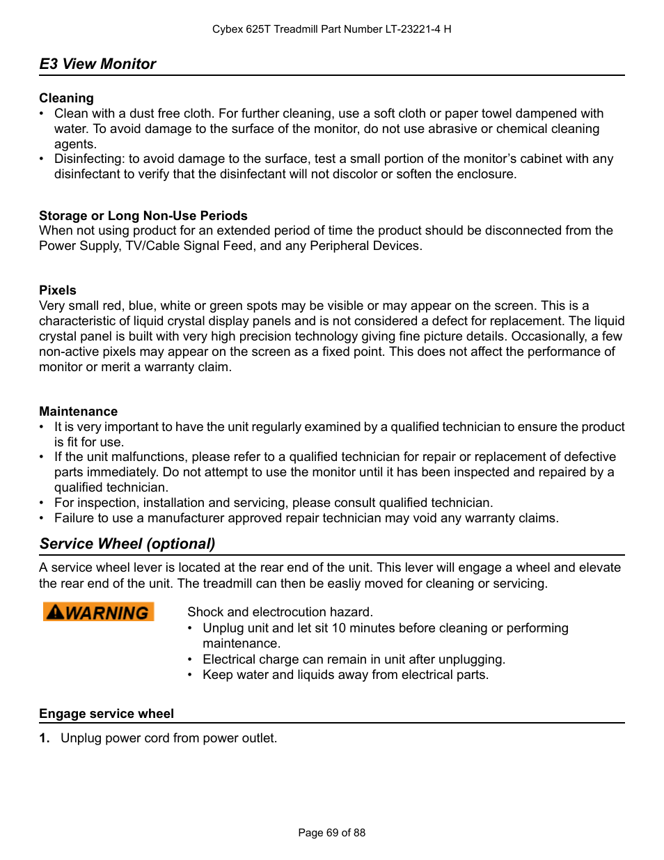 E3 view monitor, Service wheel (optional), Engage service wheel | Cybex 625T Treadmill User Manual | Page 69 / 88