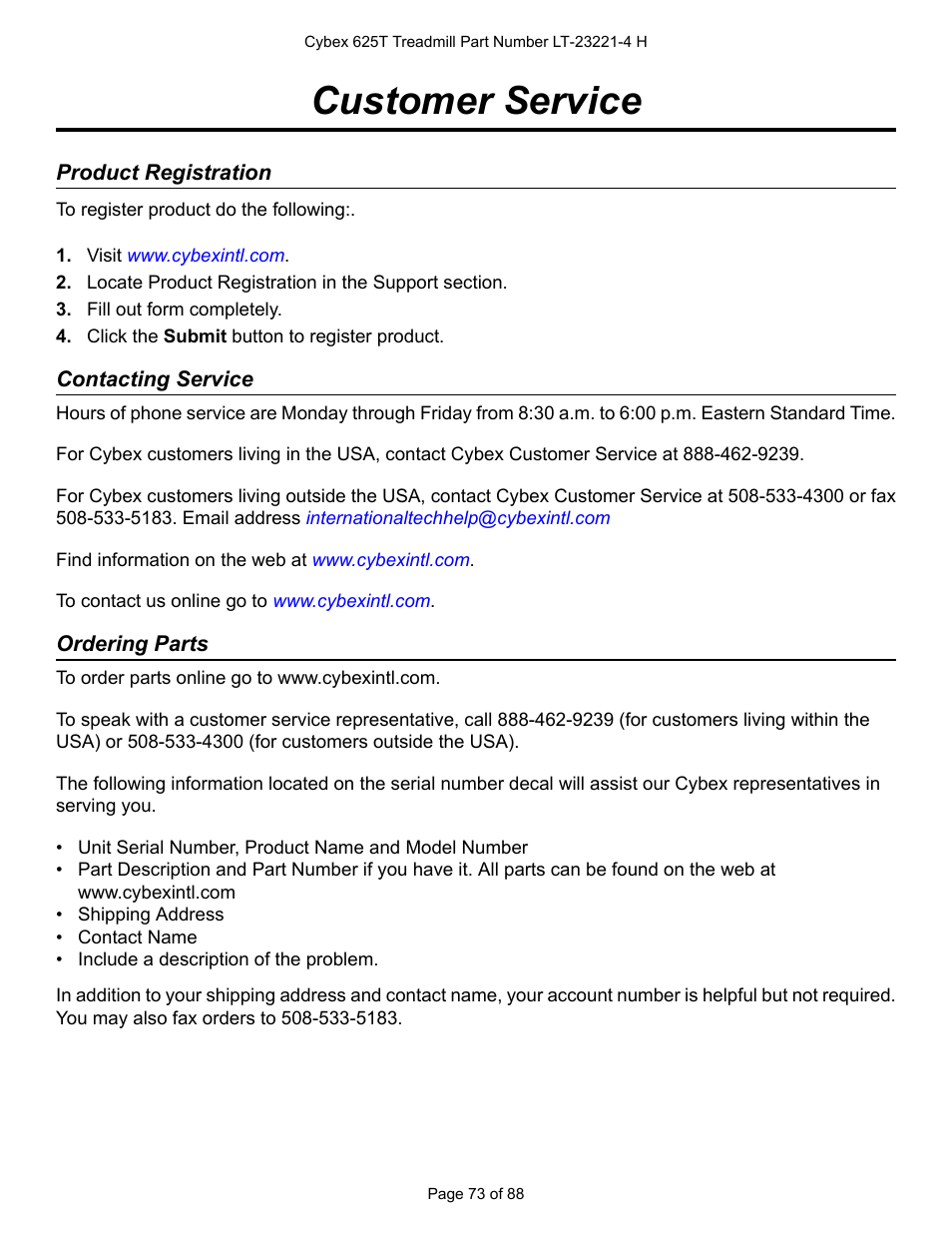 Customer service, Product registration, Contacting service | Ordering parts | Cybex 625T Treadmill User Manual | Page 73 / 88