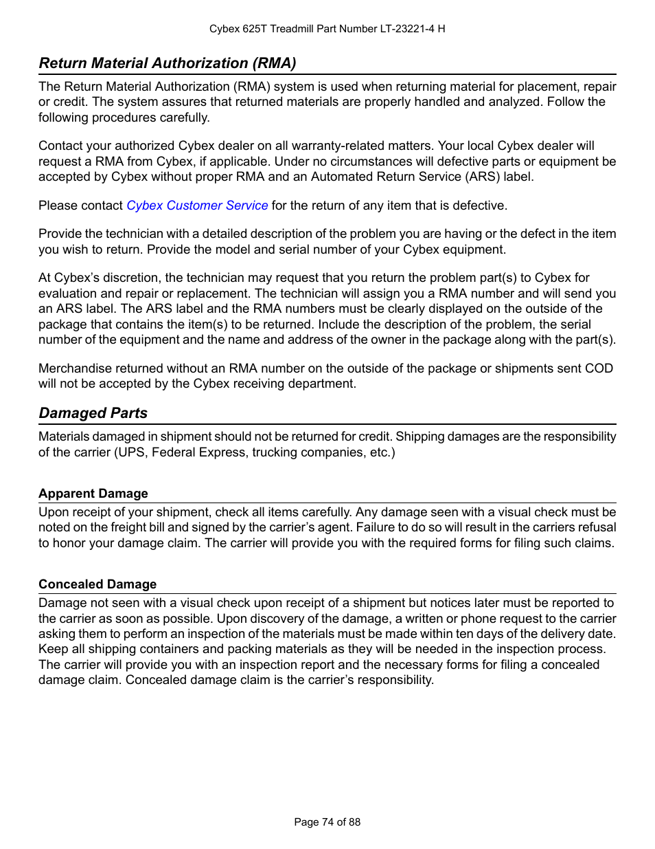 Return material authorization (rma), Damaged parts, Apparent damage | Concealed damage | Cybex 625T Treadmill User Manual | Page 74 / 88