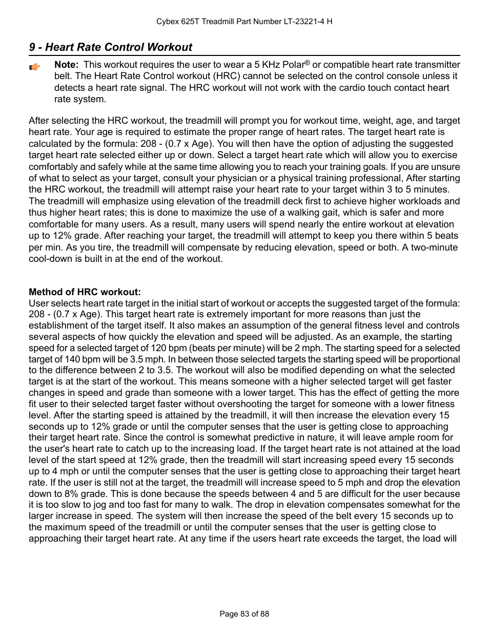 9 - heart rate control workout | Cybex 625T Treadmill User Manual | Page 83 / 88