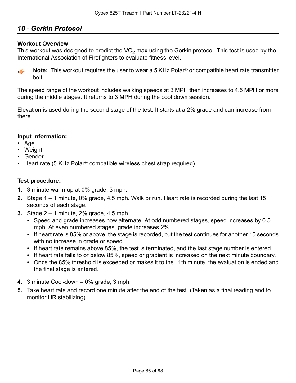 10 - gerkin protocol, Test procedure | Cybex 625T Treadmill User Manual | Page 85 / 88