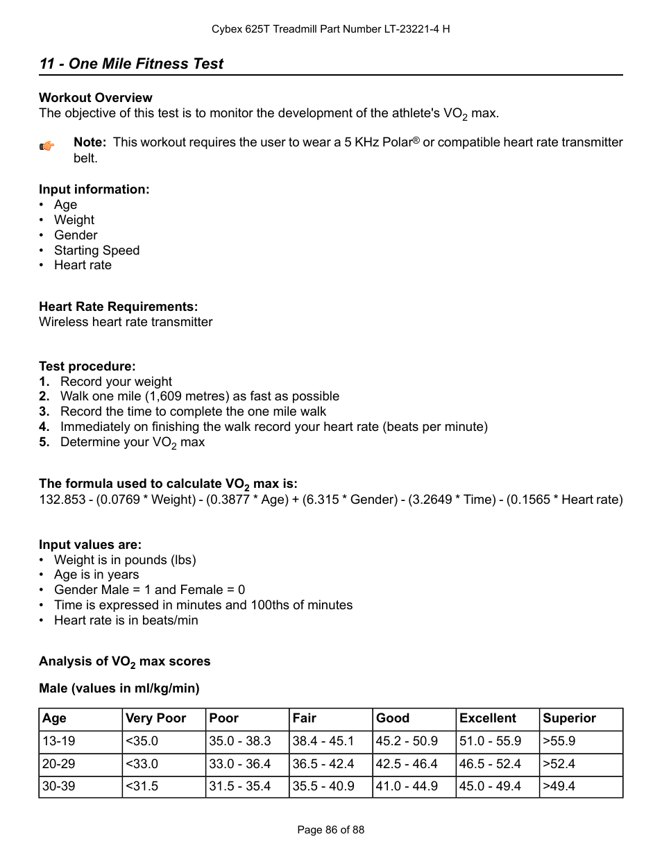 11 - one mile fitness test | Cybex 625T Treadmill User Manual | Page 86 / 88