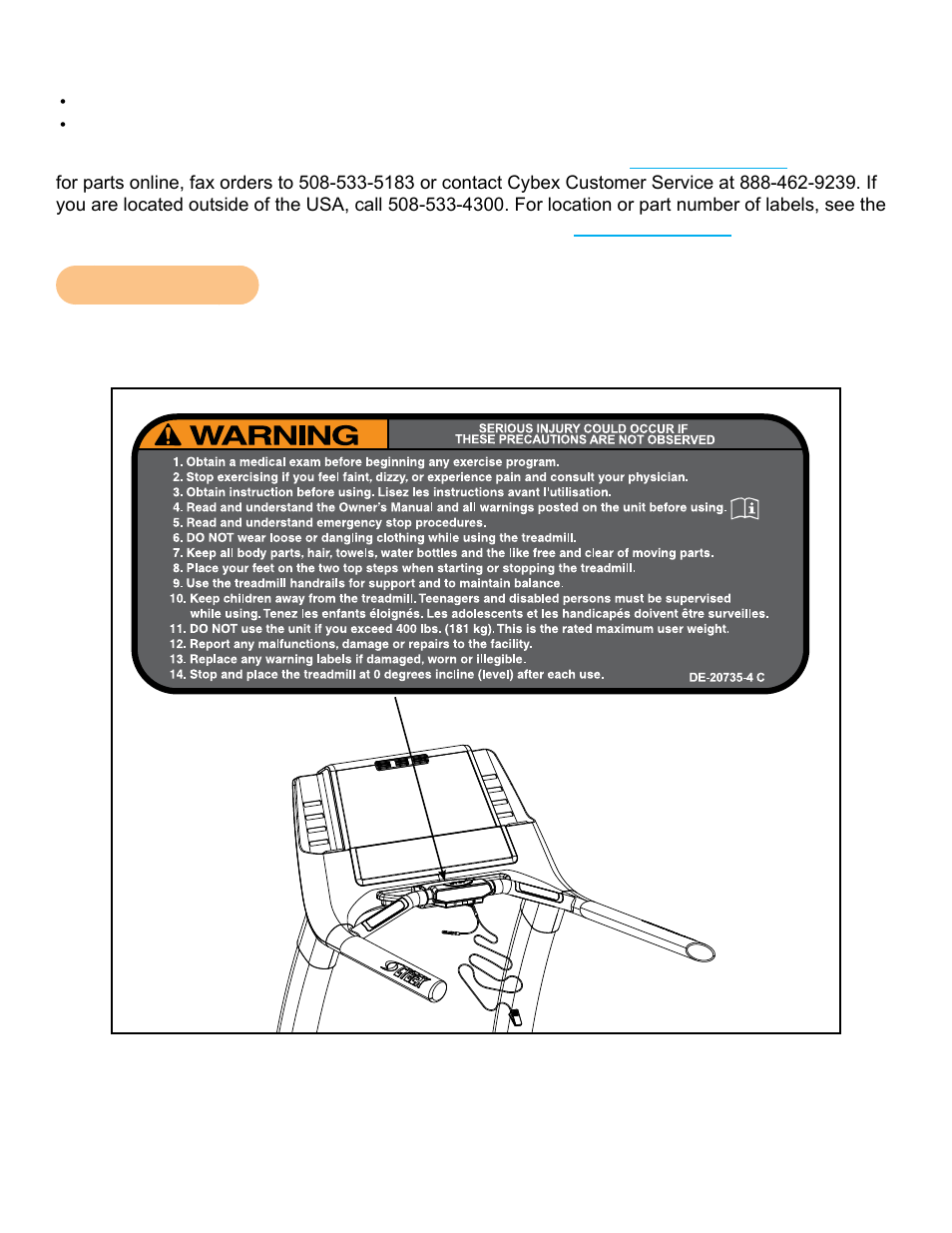 Warning decals, Label, warning, console, 7x0t, english, Cybex 751t treadmill owner’s manual | Bgarber, See solidworks drawing for additional details | Cybex 751T Treadmill User Manual | Page 13 / 60