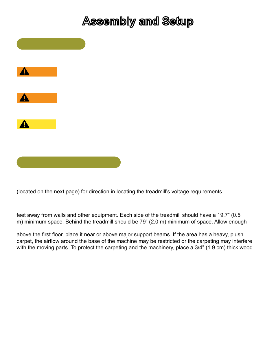 Assembly and setup, Warnings/cautions, Choosing and preparing a site | Cybex 751T Treadmill User Manual | Page 19 / 60