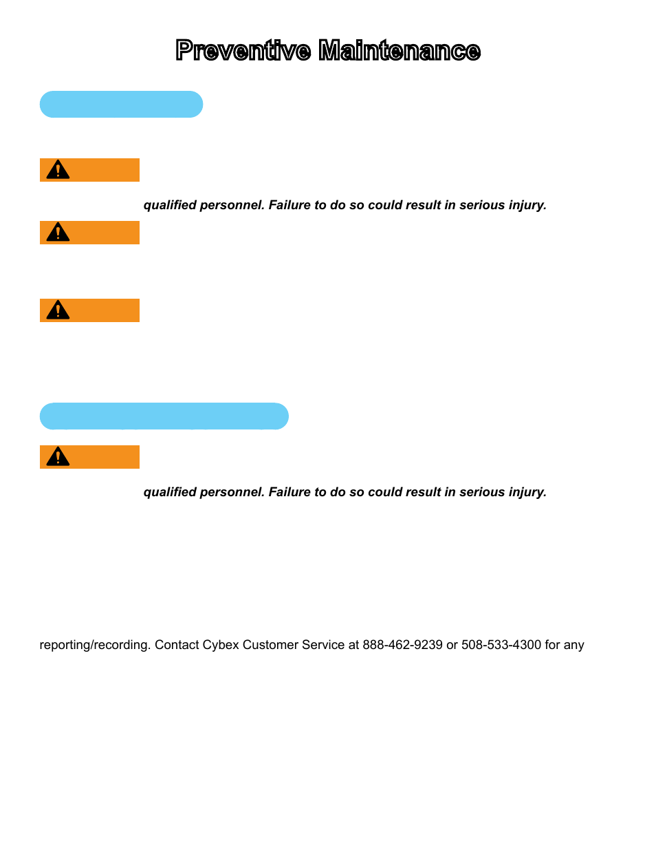 Preventive maintenance, Warnings/cautions, Regular maintenance activities | Cybex 751T Treadmill User Manual | Page 49 / 60