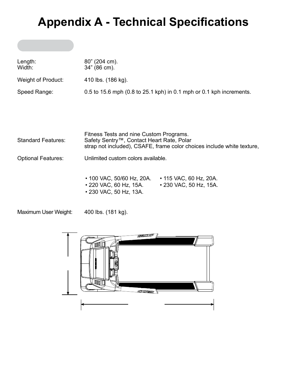 Appendix a - technical specifications, Specifications, Appendix a | Technical specifications | Cybex 751T Treadmill User Manual | Page 59 / 60