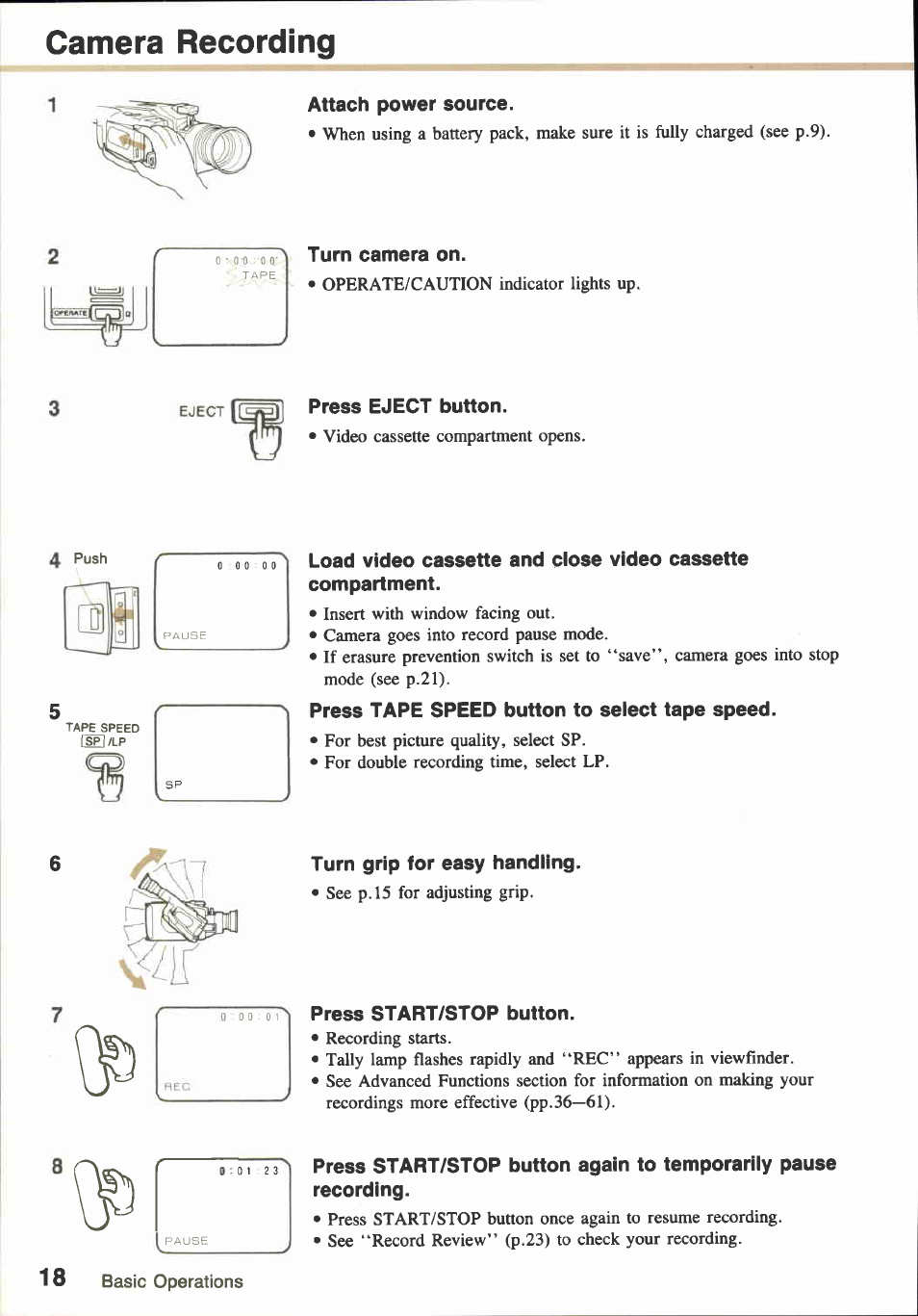 Camera recording, Attach power source, Turn camera on | Press eject button, Press tape speed button to select tape speed, Turn grip for easy handling, Press start/stop button | Canon E850 User Manual | Page 20 / 72