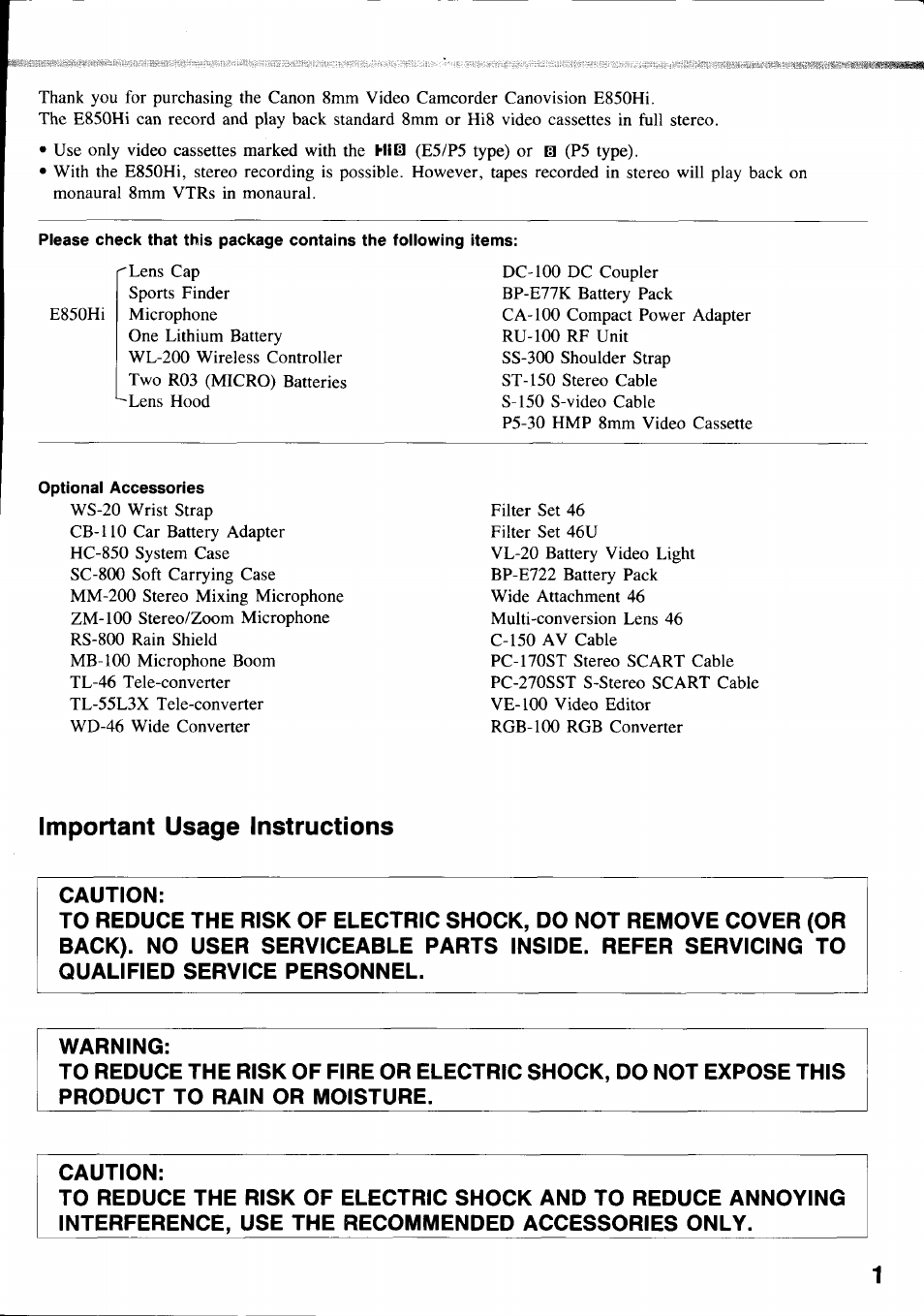 Important usage instructions, Caution, Warning | Canon E850 User Manual | Page 3 / 72
