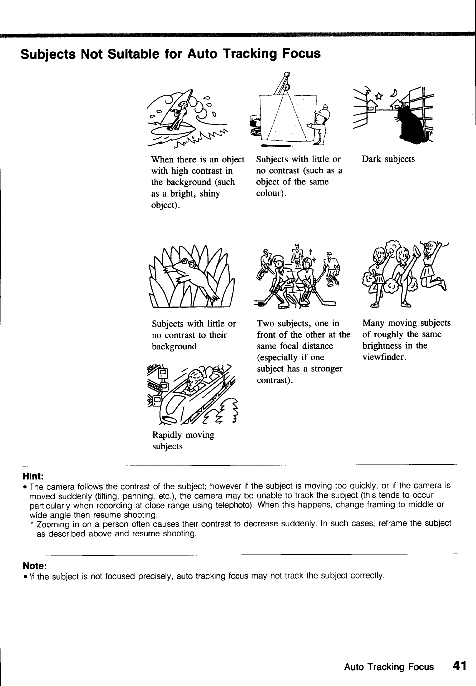 Subjects not suitable for auto tracking focus | Canon E850 User Manual | Page 43 / 72