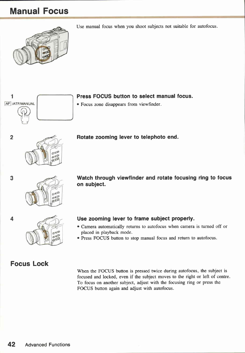 Use zooming iever to frame subject properly, Focus lock | Canon E850 User Manual | Page 44 / 72