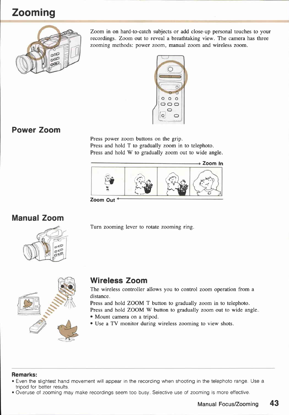 Zooming, Power zoom, Manual zoom | Wireless zoom | Canon E850 User Manual | Page 45 / 72