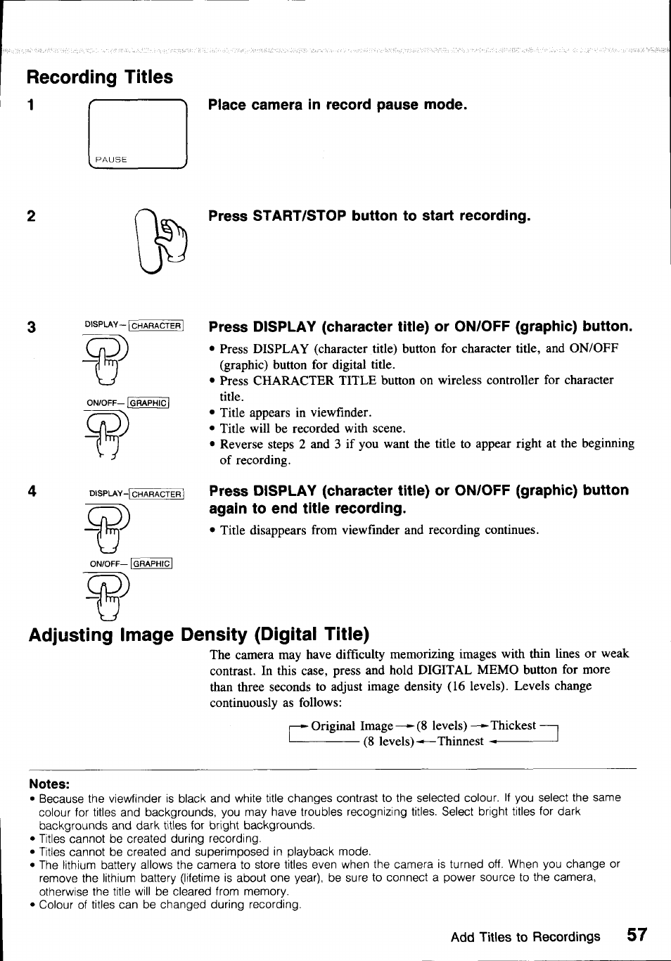 Recording titles, Place camera in record pause mode, Press start/stop button to start recording | Again to end titie recording, Adjusting image density (digital title) | Canon E850 User Manual | Page 59 / 72