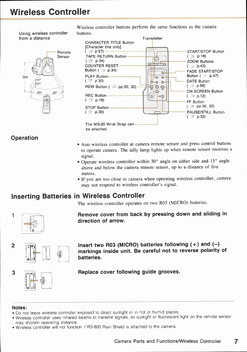 Wireless controller, Operation, Inserting batteries in wireless controller | Repiace cover foilowing guide grooves | Canon E850 User Manual | Page 9 / 72