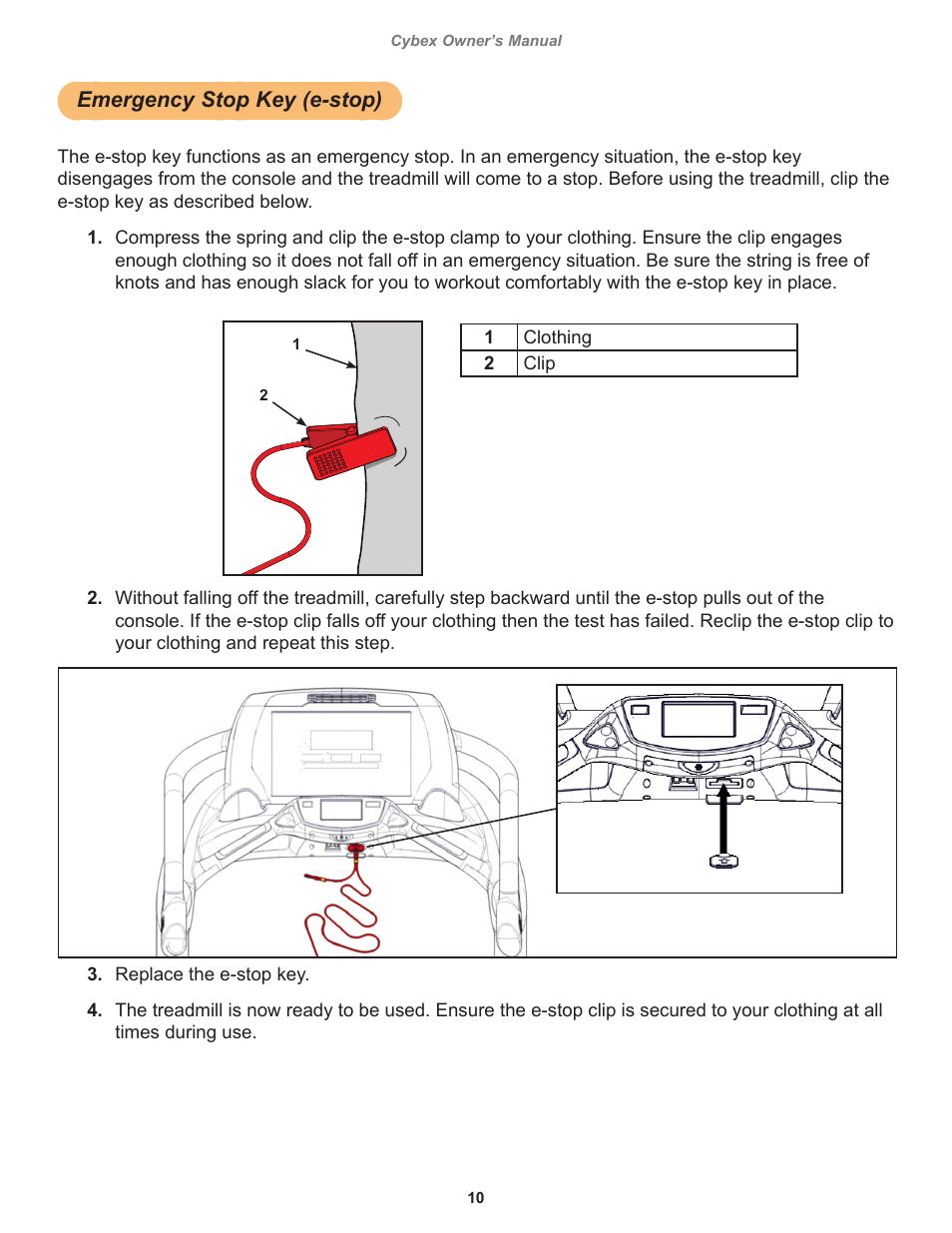 Emergency stop key (e-stop) | Cybex 770T Treadmill User Manual | Page 10 / 98