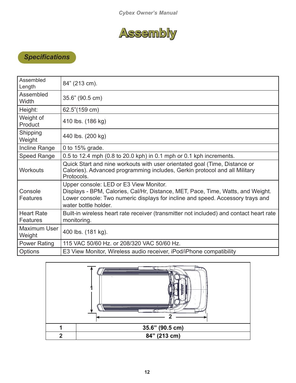 Assembly, Specifications | Cybex 770T Treadmill User Manual | Page 12 / 98