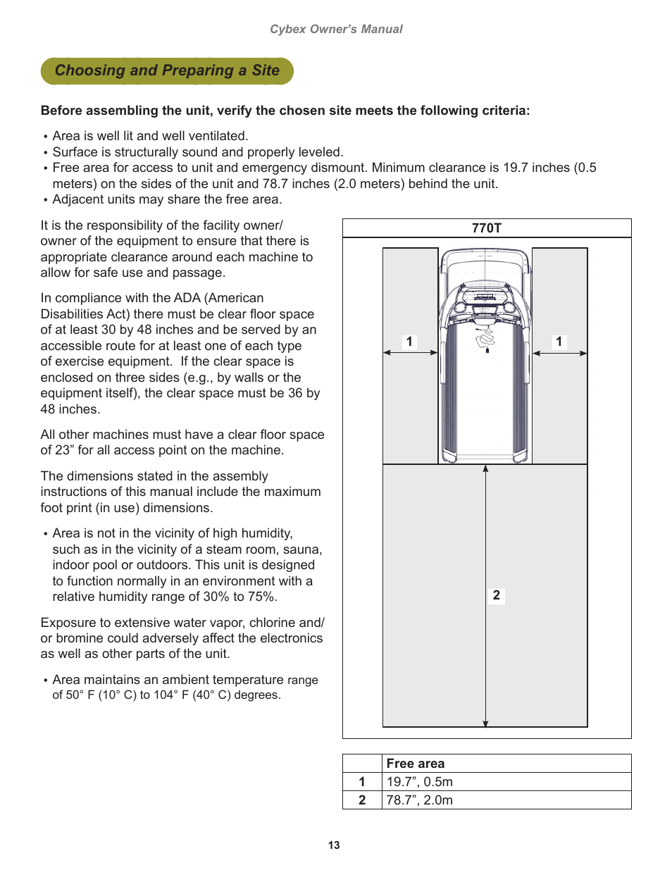 Choosing and preparing a site | Cybex 770T Treadmill User Manual | Page 13 / 98