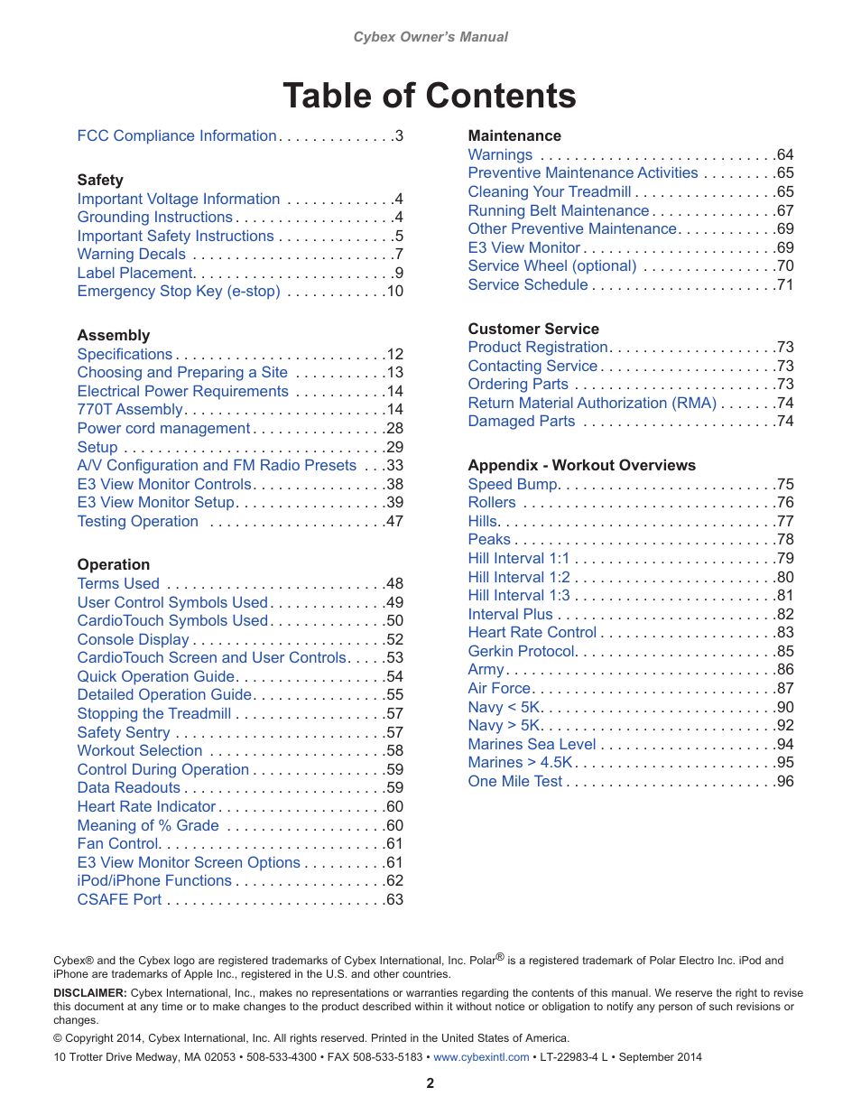 Cybex 770T Treadmill User Manual | Page 2 / 98